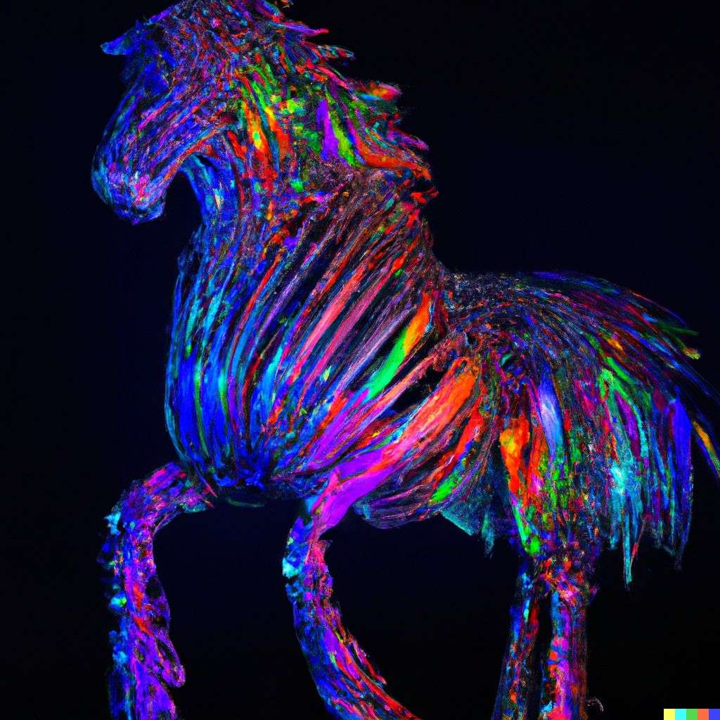 a horse, made from glowing multicolored luminescent sheets of metal, digital art